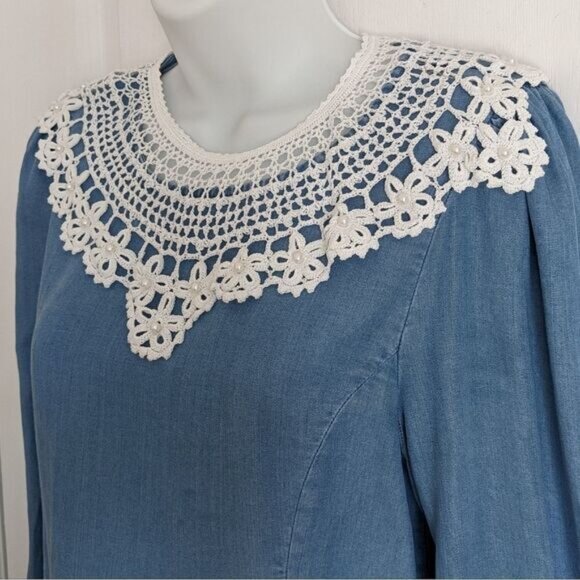 ZARA reworked denim blouse detachable crochet collar and lace edge Small @L - Picture 4 of 10